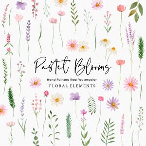 Clipart de aquarela de flores silvestres, delicadas flores silvestres da primavera, rosa pastel roxo, flores silvestres, PNGs florais, clipart de casamento, download digital