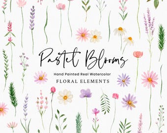 Clipart de acuarela de flores silvestres: delicadas flores primaverales en tonos rosa pastel y morado PNG para bodas y manualidades