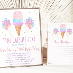 Bearbeitbare Eis Geburtstag Zeit Kapsel Regenbogen Eis Kegel Pink Gold Ballon Mädchen Eis Party Printable Digitaler Download A611