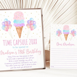 Editable Ice Cream Birthday Time Capsule Rainbow Ice Cream Cone Pink Gold Balloon Girl Ice Cream Party Printable Digital Download A611