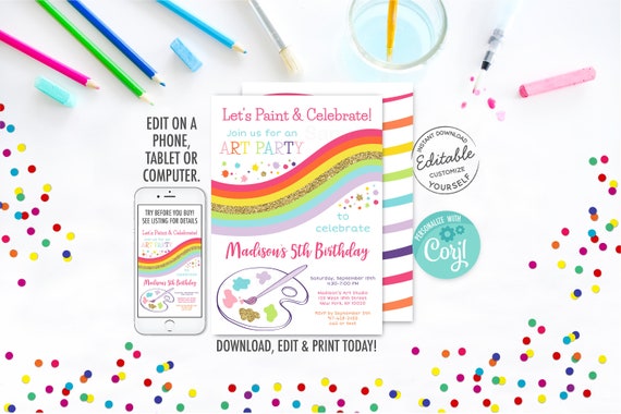 EDITABLE Art Party Invitation, Art Birthday Party Invite, Paint Party, Rainbow Birthday, Any Age, Printable, Digital, Instant Download A514 Il_570xn