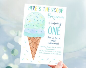 Editable Ice Cream Birthday Invitation Here's The Scoop Blue Ice Cream Birthday Boy Ice Cream Party Watercolor Digital Download A707