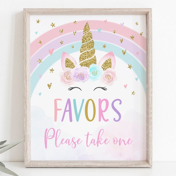 Unicorn Party Favor Birthday Sign Rainbow Unicorn Party Pink Gold Pastel Floral Unicorn Favor Sign Printable Digital Instant Download A582