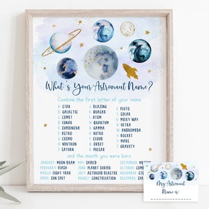 What&#39;s Your Astronaut Name Game Space Birthday Blue Gold Boy Galaxy Planets Outer Space Party Rocket Ship Digital Printable A631