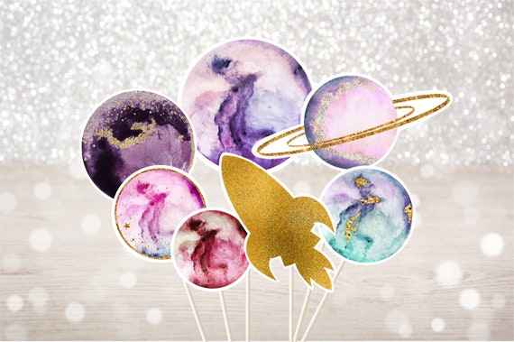 Galaxy Birthday Centerpiece Cake Toppers Cut Outs Outer Space Party Birthday Pink Gold Galaxy Planets Rocket Ship Digital Download A586 Il_570xn