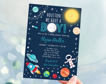 Editable Space Baby Shower Invitation Houston We Have A Boy Astronaut Planet Outer Space Solar System Rocket Ship Printable Digital A528