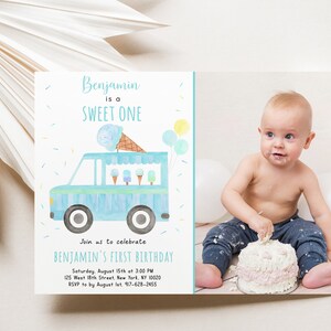 May include: A blue and white ice cream truck with a scoop of ice cream on top. The truck has a variety of ice cream flavors inside. The text on the invitation reads "Benjamin is a Sweet One. Join us to celebrate Benjamin's First Birthday. Saturday, August 15th at 3:00 PM. 125 West 18th Street, New York, NY 10020. RSVP to by August 1st, 917-628-2455."