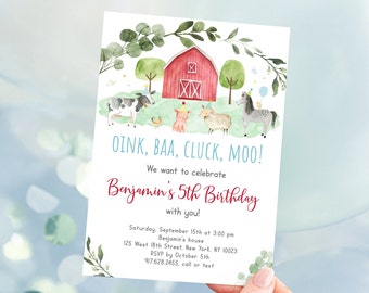 May include: A watercolor illustration of a red barn with a green roof and a white picket fence. There are farm animals around the barn, including a cow, a pig, a sheep, and a horse. The text on the invitation reads "OINK, BAA, CLUCK, MOO! We want to celebrate Benjamin's 5th Birthday with you!"  The invitation also includes the date, time, and location of the party.