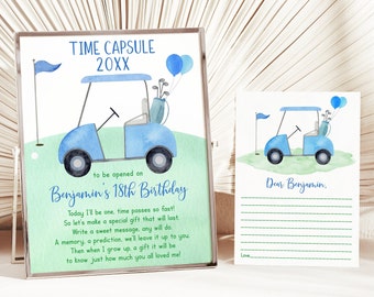 May include: A blue and green time capsule card featuring a golf cart illustration. The card reads "Time Capsule 20XX" and "to be opened on Benjamin's 18th Birthday". The card includes a poem about writing a message for the future.