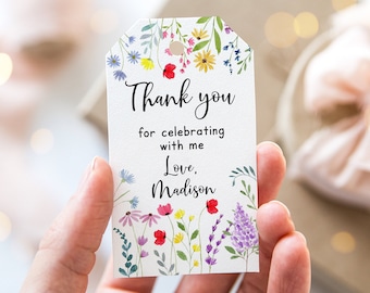 Editable Wildflower Birthday Thank You Tags Favor Tags Watercolor Wildflower Birthday Flower Birthday Floral Garden Party Digital A693