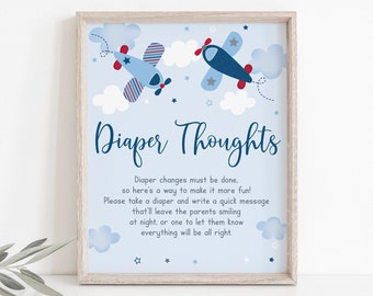 Airplane Diaper Thoughts Sign Airplane Baby Shower Boy Baby Shower Stars Clouds Blue Red Printable Digital Instant Download A566