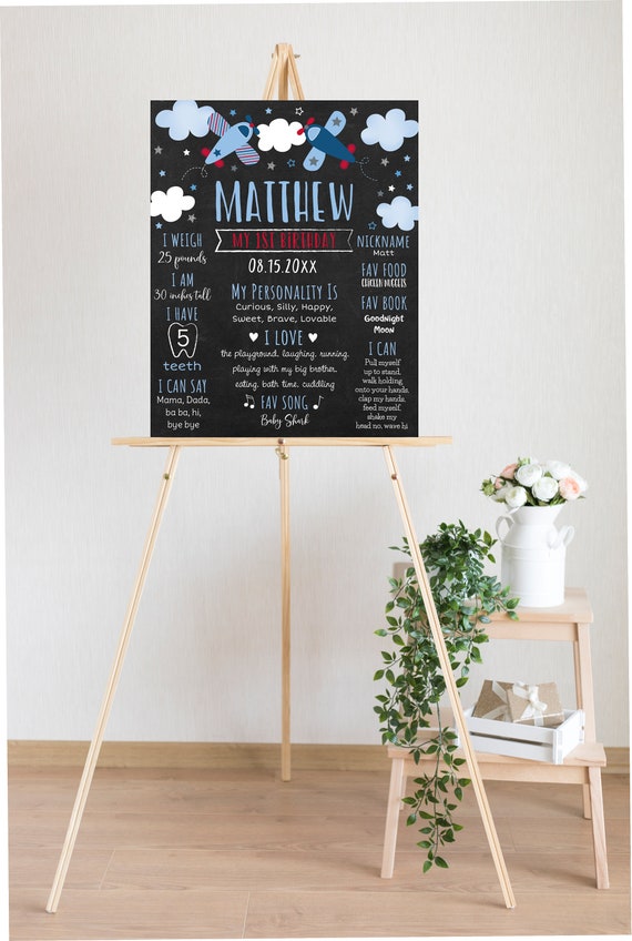 EDITABLE Airplane Birthday Milestone Poster, Boy First Birthday, Second Birthday, Airplane Party, Clouds, Stars, Blue, Red Digital A566 Il_570xn