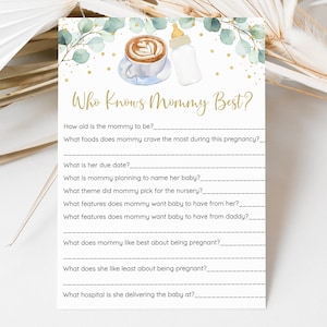 Editable Baby Is Brewing Who Knows Mommy Best Game Coffee Baby Shower Baby Brewing Greenery Gold Coed Gender Neutral Digital Download A601