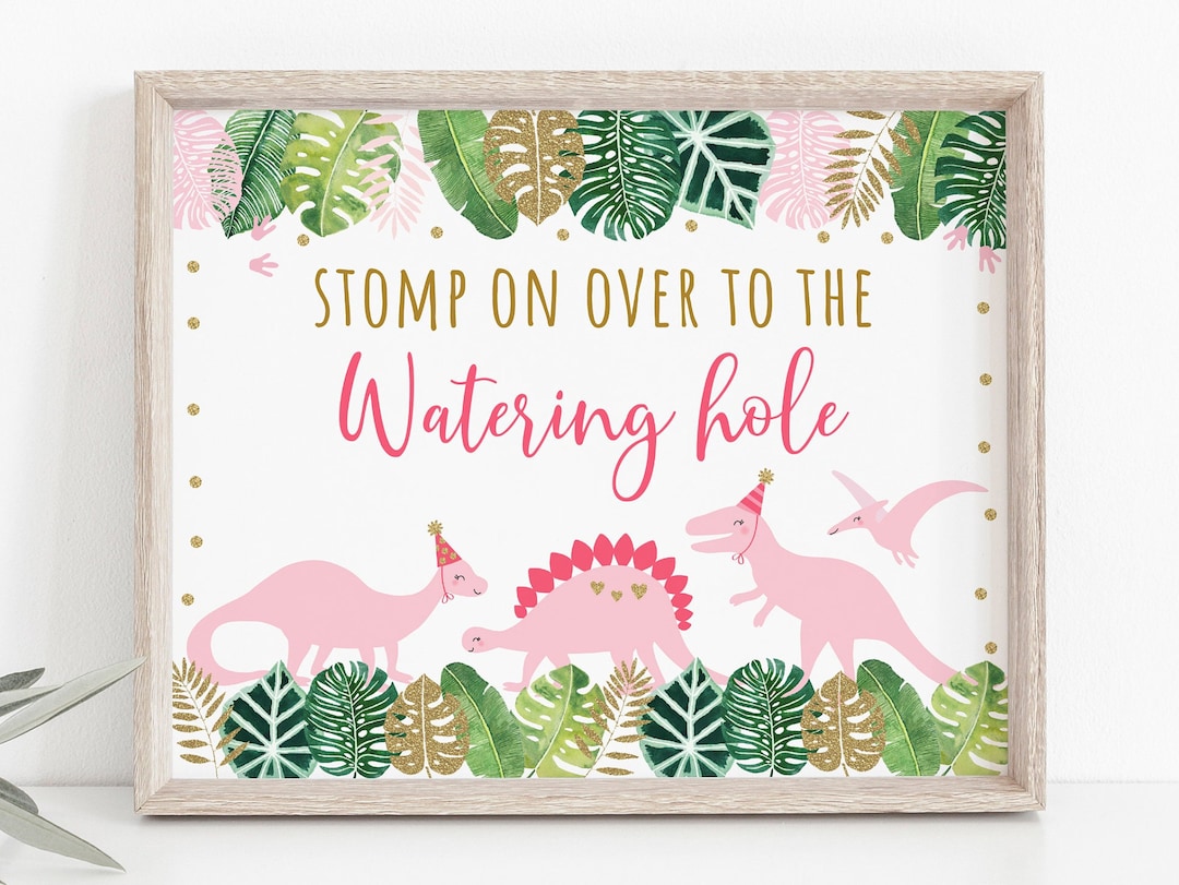 Watering Hole Dinosaur Birthday Sign, Dinosaur Birthday, Pink Dinosaur ...