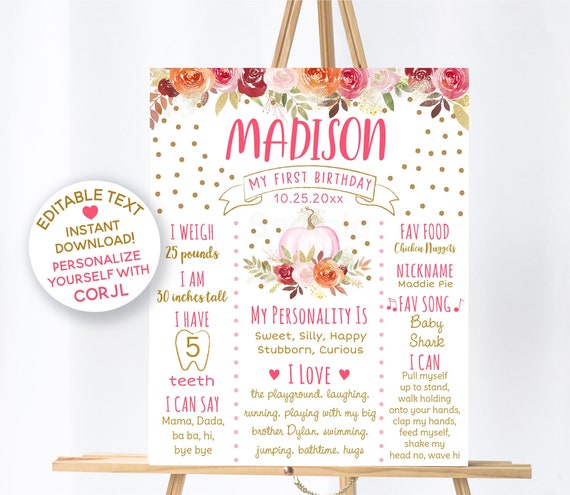 Fall Pumpkin Floral 1st Birthday Milestone Poster / Pumpkin Milestone Poster / Glitter Pumpkin / Pink & Gold Floral Pumpkin / A466 Il_570xn