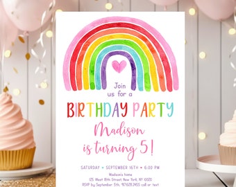 May include: A rainbow-themed birthday party invitation with a watercolor rainbow and a pink heart. The text reads "Join us for a Birthday Party Madison is turning 5!" with details for the party on the bottom.