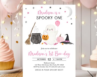 Invito di compleanno modificabile Spooky One Ghost Invito di compleanno per il primo anno di fantasmi Invito per festa di Halloween con zucca rosa per bambina Download digitale A702