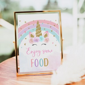 Unicorn Birthday Food Sign Rainbow Unicorn Party Pink Gold Pastel Floral Unicorn Printable Digital Instant Download A582