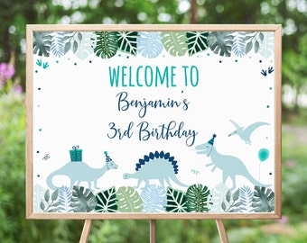 Editable Dinosaur Birthday Welcome Sign, Blue Dinosaur, Dinosaur Safari, Boy Dinosaur Party, T- Rex Birthday, Printable, Digital Corjl A573