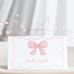 Cartões de aniversário editáveis com laço rosa, etiquetas de alimentos, cartões de lugar, festa com laço rosa, fita rosa minimalista, primeiro aniversário de menina, digital A742