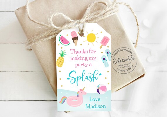 EDITABLE Pool Party Thank You Tags Favor Tags Girls Pool Party Pool ...