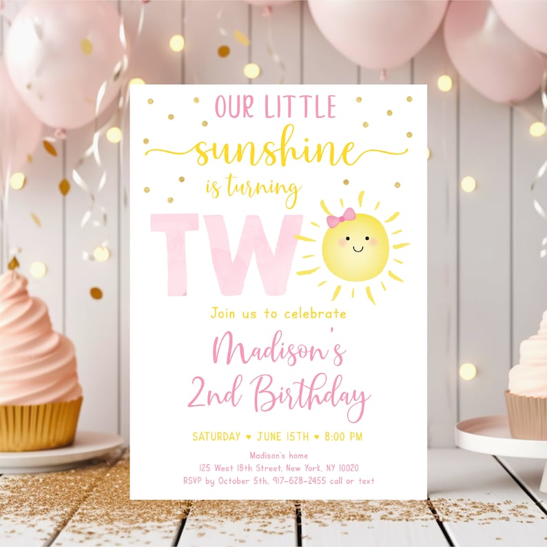 Editable Sunshine 2nd Birthday Invitation Girl Sunshine Party Pastel Little Sunshine Pink Gold Birthday Invite Digital Download A599 image 1