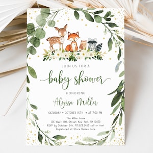 Editable Woodland Baby Shower Invitation Woodland Animals Invite Gender Neutral Greenery Floral Printable Digital Instant Download A524