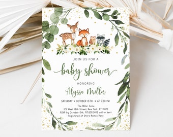 Editable Woodland Baby Shower Invitation Woodland Animals Invite Gender Neutral Greenery Floral Printable Digital Instant Download A524