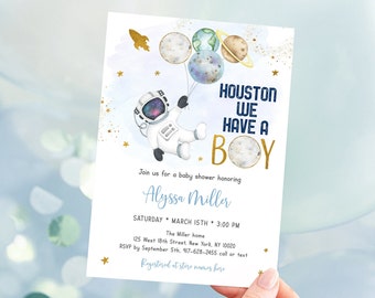 Editable Space Baby Shower Invitation Houston We Have A Boy Blue Gold Astronaut Galaxy Planets Outer Space Solar System Digital A606