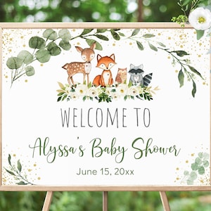 Editable Woodland Baby Shower Signo de bienvenida Animales del bosque Animales del bosque Género Neutral Digital Imprimible Plantilla de descarga instantánea A524