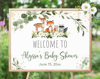 Editable Woodland Baby Shower Welcome Sign Woodland Animals Forest Animals Gender Neutral Digital Printable Instant Download Template A524