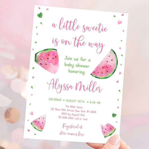 Editable Watermelon Baby Shower Invitation Little Sweetie Baby Shower Girl Baby Shower Pink Green Digital Printable Instant Download A502