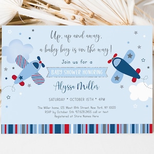 May include: Blue and red baby shower invitation with a plane design. The text reads "Up, up and away, a baby boy is on the way!"  Join us for a baby shower honoring Alyssa Miller. Saturday, October 15th, 4pm. The Miller home, 125 West 18th Street, New York, NY 10020. RSVP by October 5th 917.628.2455 call or text. Registered at Store Names Here.