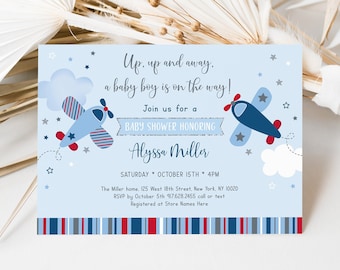 Editable Airplane Baby Shower Invitation Boy Airplane Baby Shower Invite Clouds Stars Blue Red Printable Digital Download A566