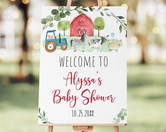 Editable Farm Baby Shower Welcome Sign, Farm Animal Baby Shower, Barnyard Boy Baby Shower, Greenery, Digital Download A511