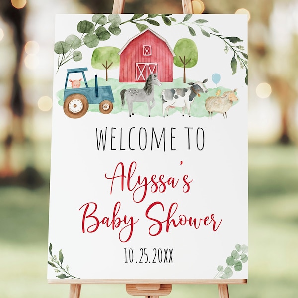 Editable Farm Baby Shower Welcome Sign, Farm Animal Baby Shower, Barnyard Boy Baby Shower, Greenery, Digital Download A511