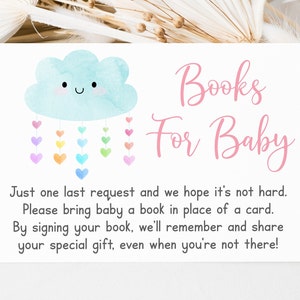 Cloud babyshower boek verzoekkaarten aquarel cloud pastel regenboog harten boeken voor baby babymeisje afdrukbare digitale download A664