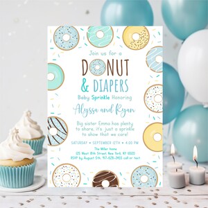 Bewerkbare donut baby strooi uitnodiging, donuts en luiers baby strooi, donut babyshower, blauwe strooi, jongen, afdrukbaar, digitaal A501