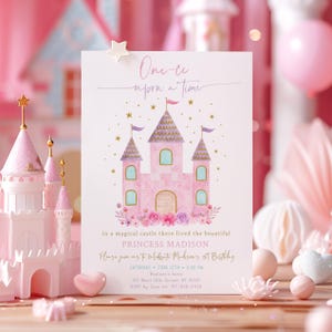 Princess First Birthday Invitation, One-ce Upon A Time, Girl 1st Birthday Invite, Pink Princess Castle, Editable Digital A752