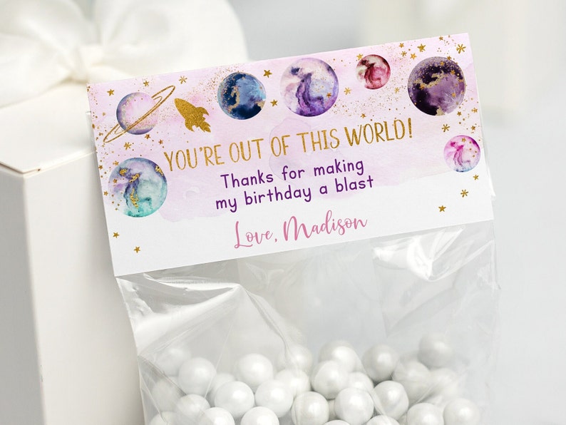 Galaxy Birthday Treat Bag Toppers Party Favor Pink Gold Girl Galaxy Birthday Planets Outer Space Party Rocket Ship Digital Download A586 image 1