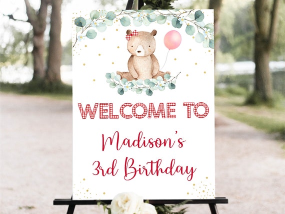 Editable Teddy Bear Picnic Birthday Welcome Sign Pink Gold Girl Teddy Bear Party Outdoor Birthday Teddy Bear Balloons Digital Download A603 Il_570xn