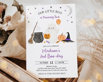 Editable Boo Ghost Second Birthday Invitation Boo Turning Two Invite Girl Ghost Pumpkin Halloween Party Digital Download A702