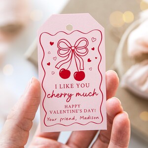Editable Cherry Valentine&#39;s Day Gift Tag, Favor Tag, Pink Red Bow Cherry Sweet, Classroom School Friend Valentine Tag Digital Download