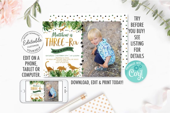 EDITABLE Three Rex Dinosaur Birthday Invitation, Dinosaur 3rd Birthday Invite, Gold Dinosaur Safari, T-Rex, Dinosaur Dig Party, Digital A498 Il_570xn