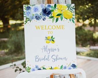 Editable Blue Floral Lemon Bridal Shower Welcome Sign She Found Her Main Squeeze Bridal Shower Citrus Summer Digital Download Template A734