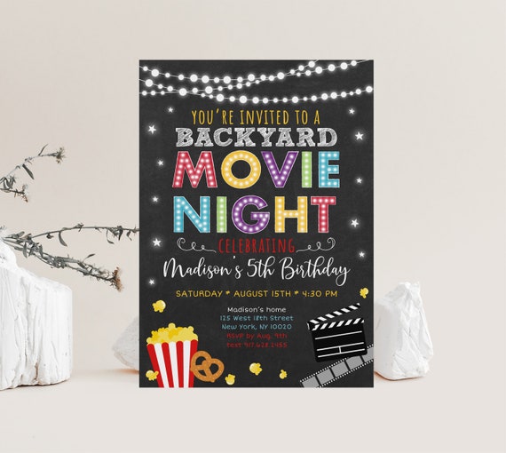 EDITABLE Backyard Movie Night Birthday Invitation Movie Under the Stars Outdoor Backyard Movie Party Boy Girl Popcorn Digital Download A555 Il_570xn