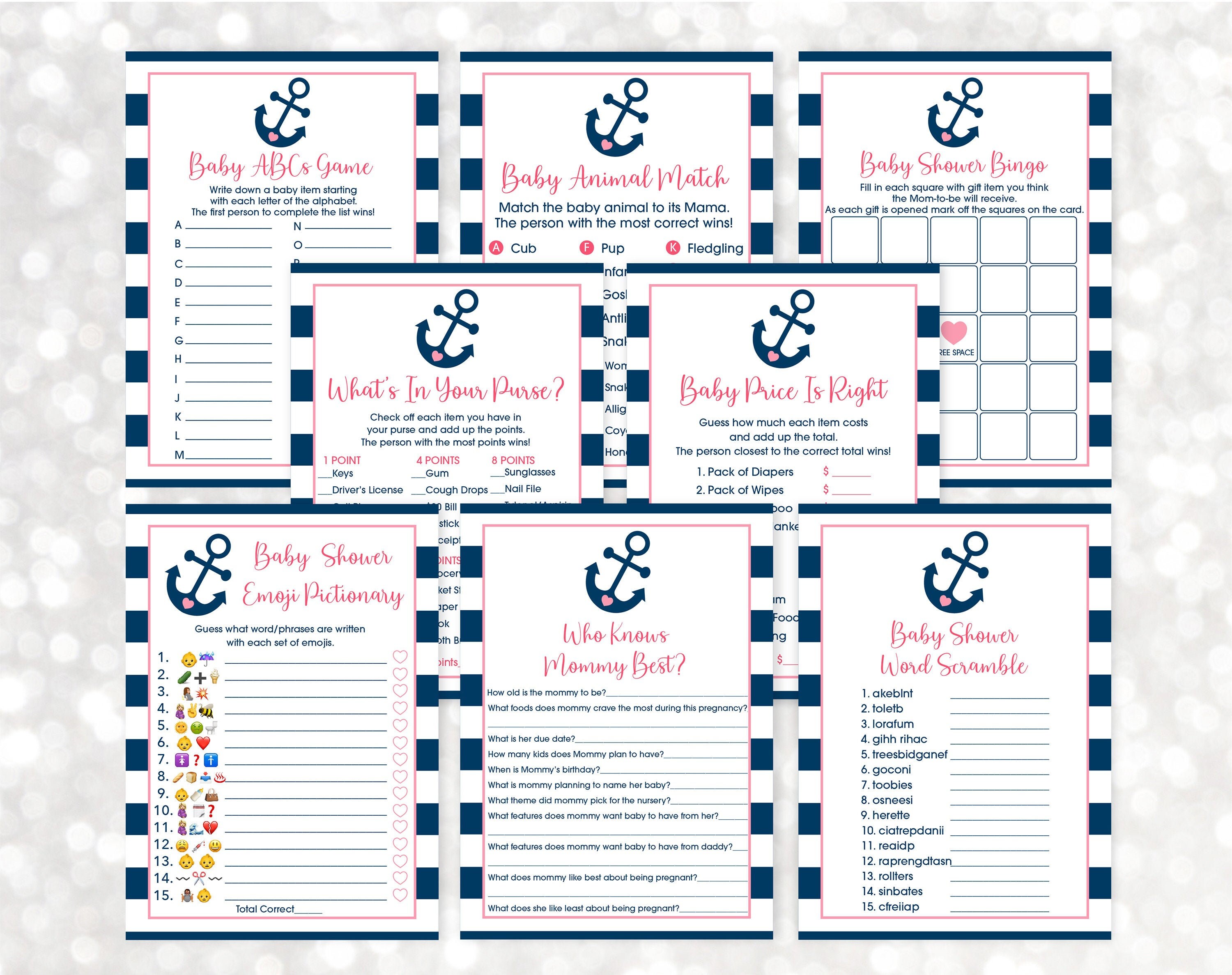 Nautical Baby Shower Games Package Pink & Navy Nautical Anchor - Etsy