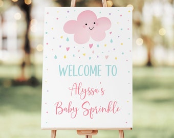 Letrero de bienvenida editable con nube y chispas para bebé, nube rosa, arcoíris, gotas de lluvia, para baby shower, imprimible, descarga instantánea (A592)