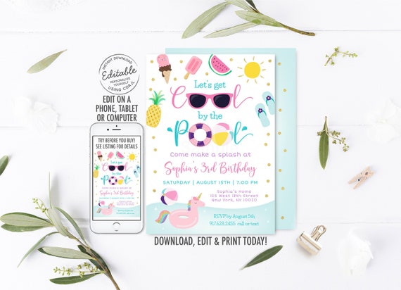 EDITABLE Pool Party Birthday Invitation Girls Pool Party Let's Get Cool Ice Cream Watermelon Pineapple Printable Instant Download Corjl A533 Il_570xn