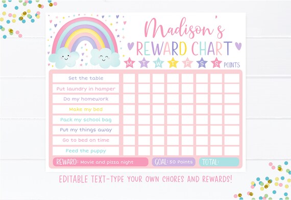 EDITABLE Rainbow Reward Chart, Rainbow Behavior Chart, Pastel Rainbow, Girl Rainbow, Daily Chore Chart, Printable, Digital Template A549 Il_570xn